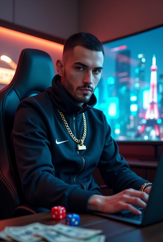high resolution, ultra detaild), (cinematic), (ultra HD), seen from the front Alone, white skin tone nike tracksuit,short hair gold chain around the neck , goatee on chin sitting gaming chair macbook on lap, in the background a curved screen monitor,, 2 dice on the floor, one blue and one red, a lot of money on the floor, de casino,