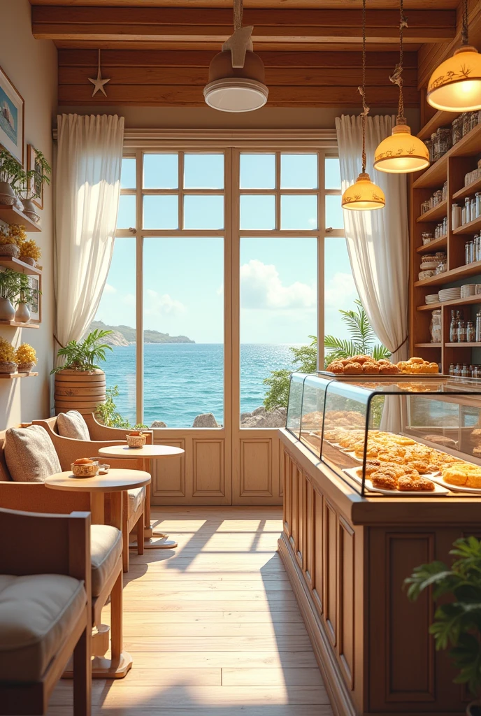 An Instagrammable Bakery, with cozy places and no visual pollution, located by the sea, with sweets in the shape of shells and starfish.