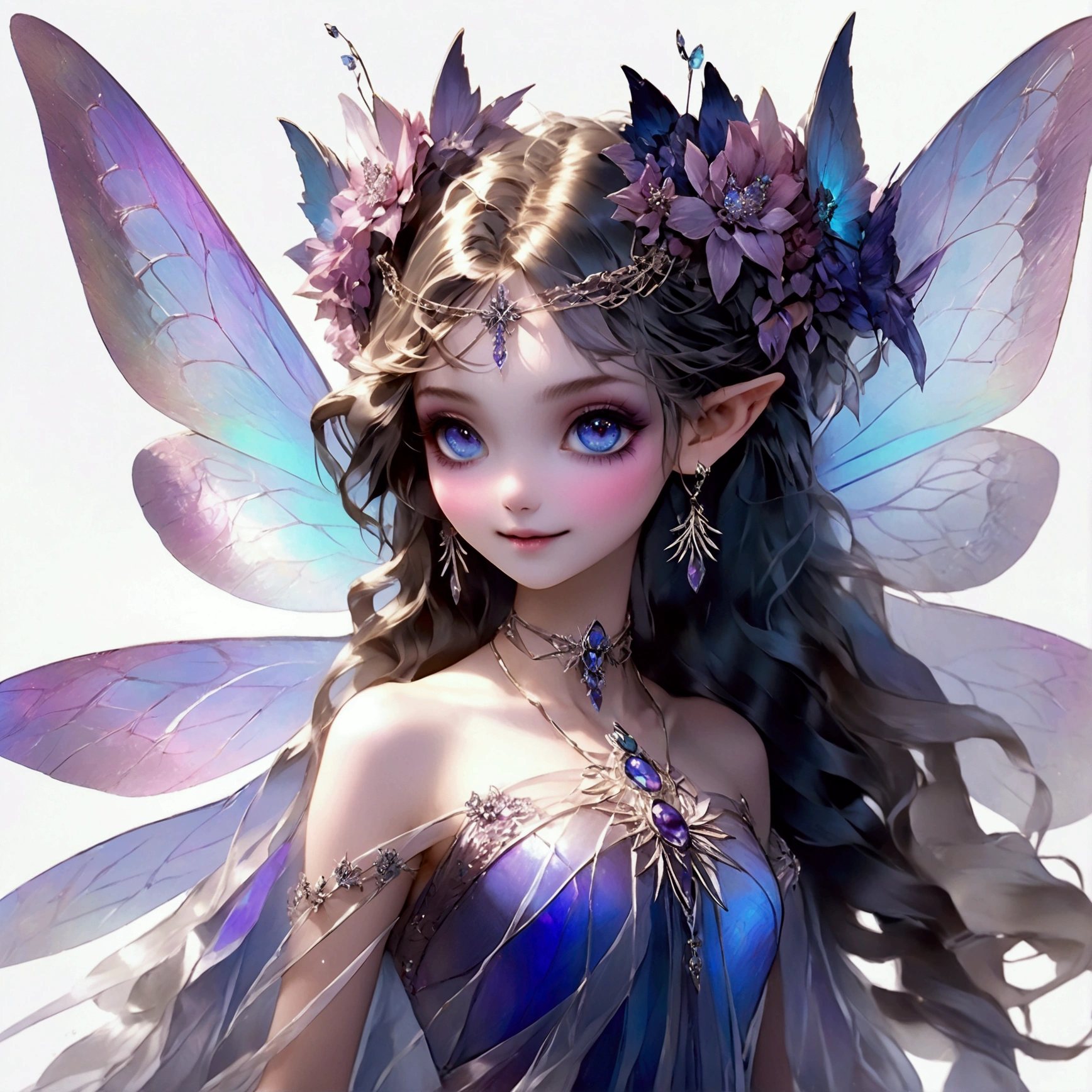 diaphanous wings flutter as she alights upon a crystalline flower, piercing amethyst eyes sparkling with mischief as she considers how to help convince her favorite playmate to let people love who they love. Gossamer gown Full body, pointy eared Fairy with long Bipectinate or clubbed antenna, long fluttering diaphanous glittering Multi-veined, prismatic membranous wings with iridescent properties, Celtic illumination makeup, gossamer gown, With a graceful sweep of her hand, she conjures a shower of stardust that coalesces into a shimmering portal, its luminous edges pulsing with cosmic energy. 