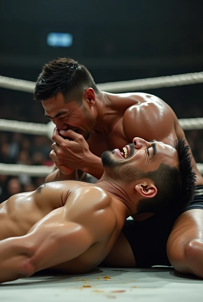 A young Japanese professional wrestler A and a senior Japanese professional wrestler B are in the ring.。A and B fighting in the ring。
A is buzzcut and muscular、Wearing short tights。Sweaty。Painful expression。
B is short-haired, muscular, and dark-skinned、Wearing short tights。
A is lying on their back and down。B straddles A and covers A's mouth with his hand。
Fujifilm, look up,