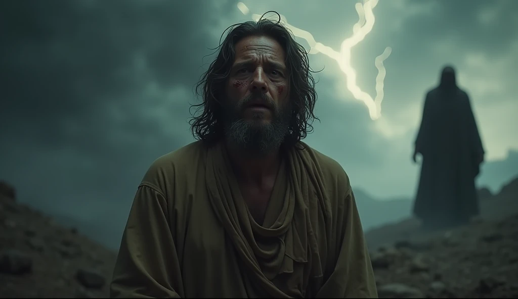 "A dramatic and visually striking YouTube video thumbnail about the life of Job (Jo) from the Bible. The background is dark and stormy, with swirling clouds, lightning, and a sense of chaos. Job is centered in the foreground, his face marked by deep sorrow, with visible sores and chagas on his body. His expression shows a mix of pain, despair, and unwavering faith. He wears tattered, simple clothing. In the background, partially hidden and blurred in the shadows, is a dark, ominous figure representing Satan, subtly hinting at his influence. Additional faded elements, such as the silhouettes of Job’s lost family and possessions, are placed at the bottom of the image, emphasizing his losses. Dramatic lighting focuses on Job’s face, with strong shadows to enhance the emotional intensity."