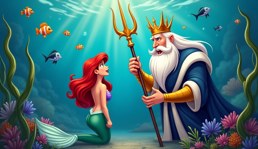 King Triton pointing up while swimming and talking to his daughter Ariel