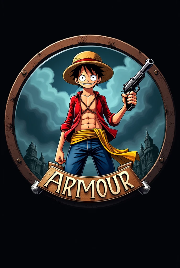 Create a logo of monkey d luffy at age 18 from one piece holding a gun and background make a circle and inside that circle create dark sky and write ARMOUR on circle