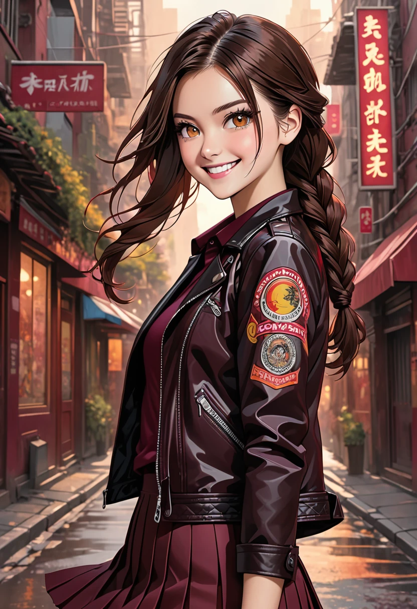 illustration, detailed illustration, ultra detailed, long dark brown hair, braid, amber eyes, pretty, mean smile, maroon pleated skirt, maroon shirt, black leggings, black biker jacket, urban background