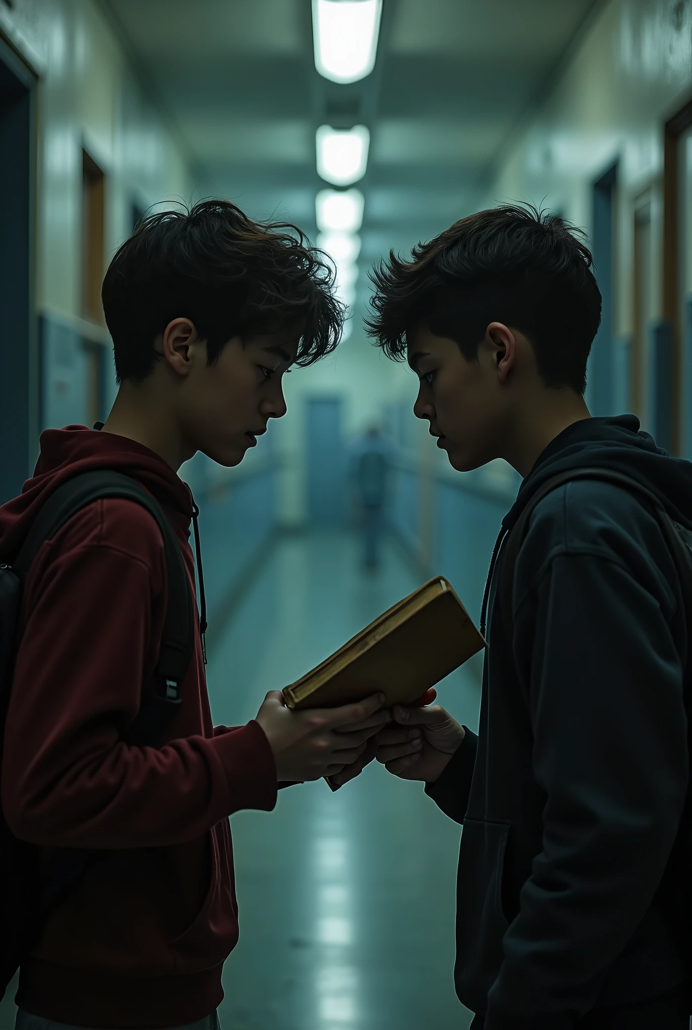 Two boys staring at each other and secretly handing a book to each other in a school