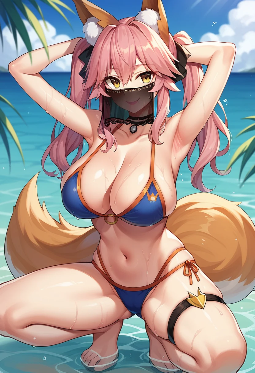 tamamo no mae (fate/extra), tamamo (fate), 1girl, solo, long hair, breasts, looking at viewer, smile, bangs, large breasts, navel, animal ears, cleavage, twintails, jewelry, collarbone, tail, swimsuit, yellow eyes, pink hair, bikini, thighs, choker, armpits, water, arms up, wet, animal ear fluff, fox ears, fox tail, squatting, fox girl, veil, blue bikini, thighlet, fox shadow puppet, mouth veil