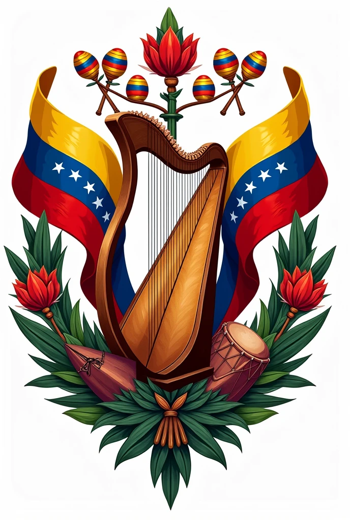 Create a logo for Venezuelan Folklore Lawyers with the flag on both sides, a harp, four , maracas, drum and scales 