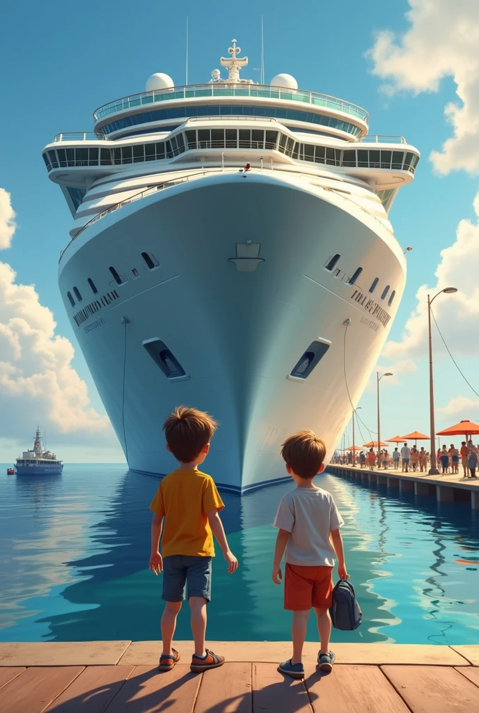 2 boys are getting ready to go on a cruise and they arrive at a large cruise ship and explore the inside of the cruise ship