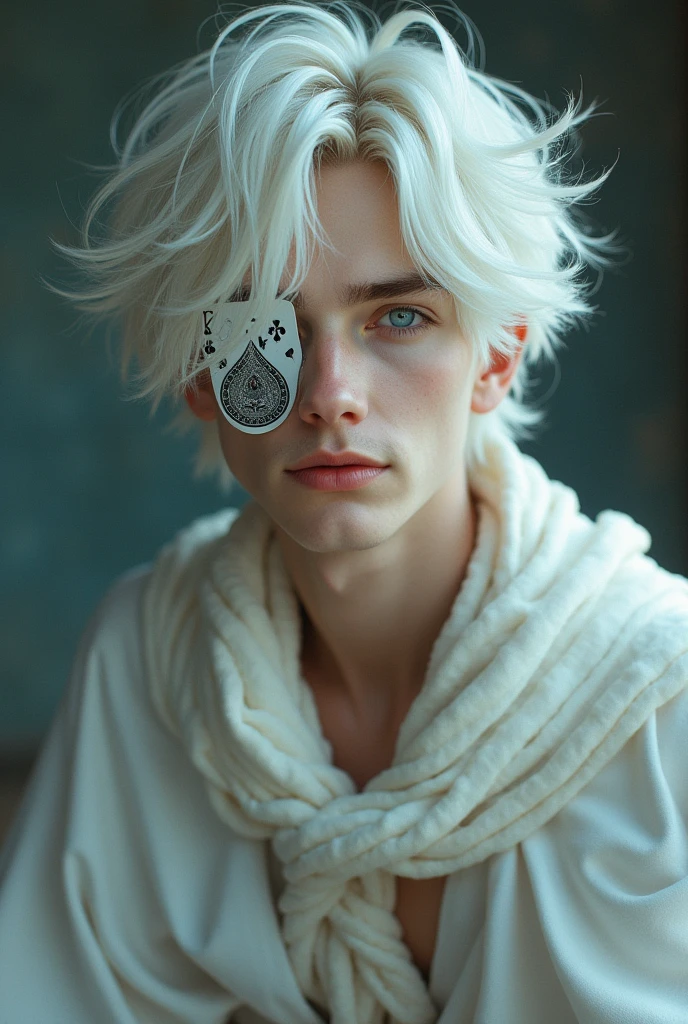 REAL LIFE, young man, white hair, bangs in the hair, emo bangs in the hair, BANGS IN THE HAIR, straight hair, blue eyes, male, real life, realistic, MAN, retrô, human, live action, White cape, a playing card in the eye as a eye patch, Full body, HE IS A MAN, MALE, very beautiful young man, White clothes, smile debouched