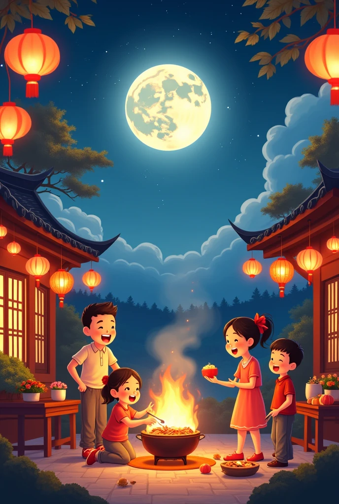 Lively scene of Mid-Autumn Festival, Shows a family reunion and a barbecue,Beautiful view of the moon. The scene includes a beautifully decorated outdoor area,Decorated with traditional lanterns and festive lights. Children playing with colorful lanterns, The moon is exceptionally bright in the night sky, Symbolizes unity and harvest." movie trailer