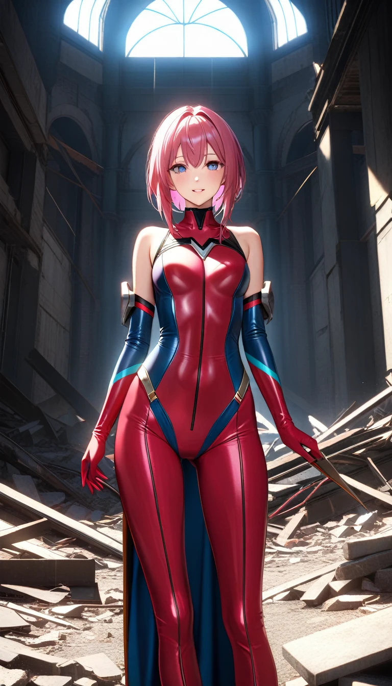 (Ultra-high resolution), (super high quality), (fine), (clarity), (Realistic composition), (Realistic textures and colors), (Accurate Anatomy), One Girl, Large Breasts, Long chest, Smooth Skin, Bodysuits and harnesses, Indoor in ruins