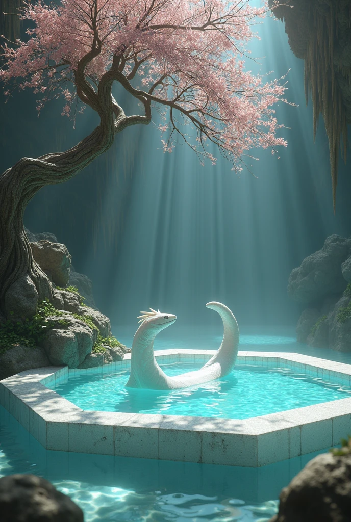 A slender reptilian with white scales, bathes in a huge pool made of octagonal-shaped sharp diamond crystals, in the center of it a sacred tree that grew naturally,  with pink flowers and long branches that touch the pool water.
 This piacina is located inside a huge cave in 