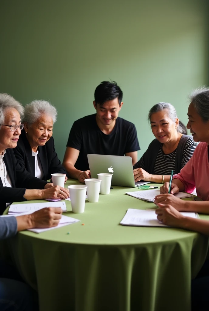 7 Filipino old women and 1 man educators in a round, green with 5 white disposable cups and two glass table attending a conference where 3 women wearing black coat, the two of them wearing pink dress, the man is wearing black t-shirt holding phone, one of the women working on her laptop: with names tags in their chest jean, Denis,marbeth,jenny, Dave, Cheryl, and torres