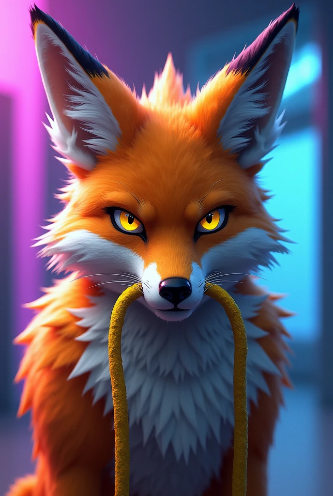 Anthropomorphic creature that appears to be a fox, with orange fur and white and gray details. She has bright yellow eyes and a fierce expression., with ears raised. Ela esta com uma lanyard amarrada na boca, probably a gag,lanyard. The background is smooth, with purple and blue lighting, which gives a futuristic or technological atmosphere.