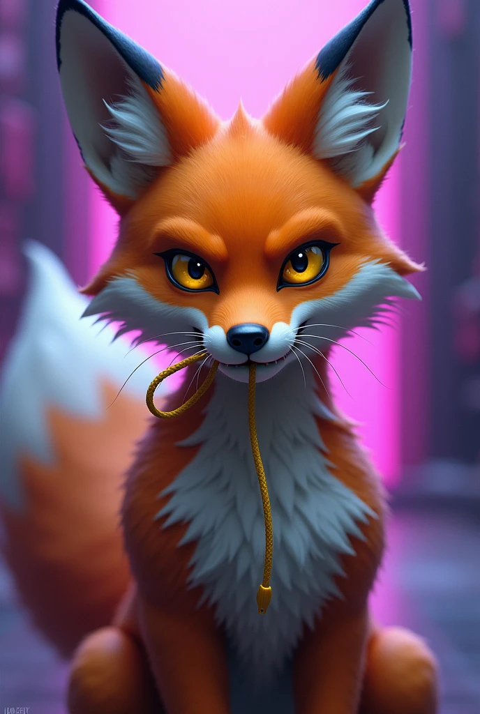 Anthropomorphic creature that appears to be a fox, with orange fur and white and gray details. She has bright yellow eyes and a fierce expression., with ears raised. Ela esta com uma lanyard amarrada na boca, probably a gag,lanyard. The background is smooth, with purple and blue lighting, which gives a futuristic or technological atmosphere.