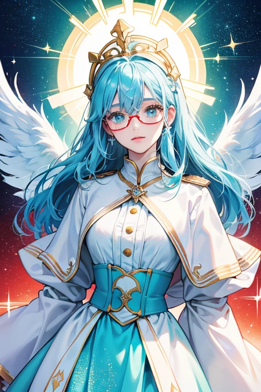 She has light-blue hair, cyan eyes, a holy ring on top of her head, white angel wings on her back, and she wears a council uniform along with red glasses. SPARKLE; GLITTER