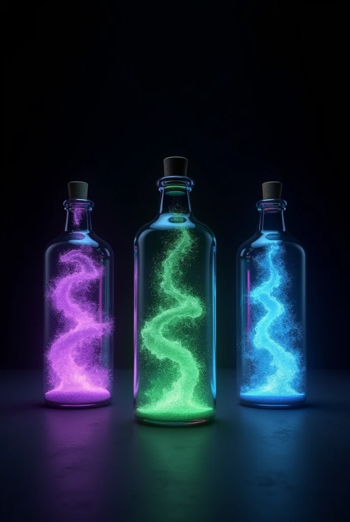 3 bottles with essence inside, they must be separated in the image, the background must be completely black. Inside the bottles must contain respectively, mystical essences in the colors Purple, green and blue