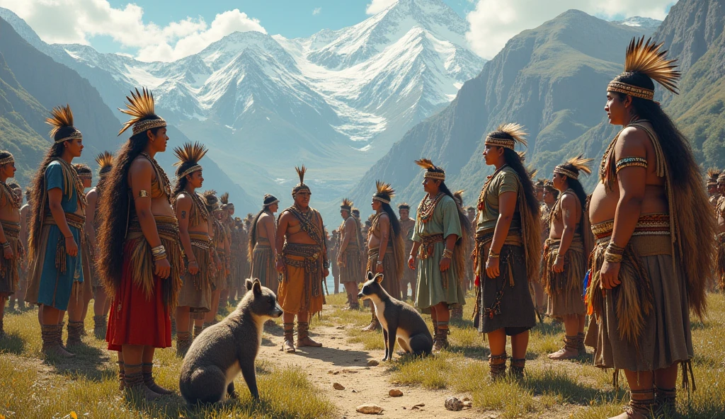 Meeting of inhabitants of pre-Columbian America from Alaska to Patagonia, each inhabitant of each region wearing their typical clothing and an animal from the region as a pet