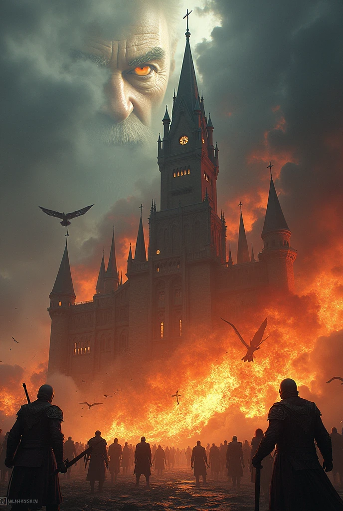 Asgard Castle in Flames, natta, lightning, odin's face with an eye patch in the clouds, Valkyrie warriors in the sky, viking warriors on the ground