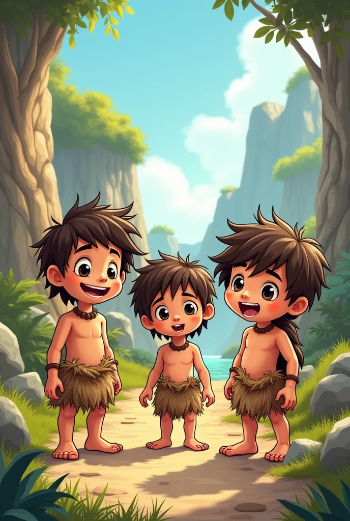 Create three caveman comic-like children&#39;s characters for a children&#39;s book, two men and a woman. 