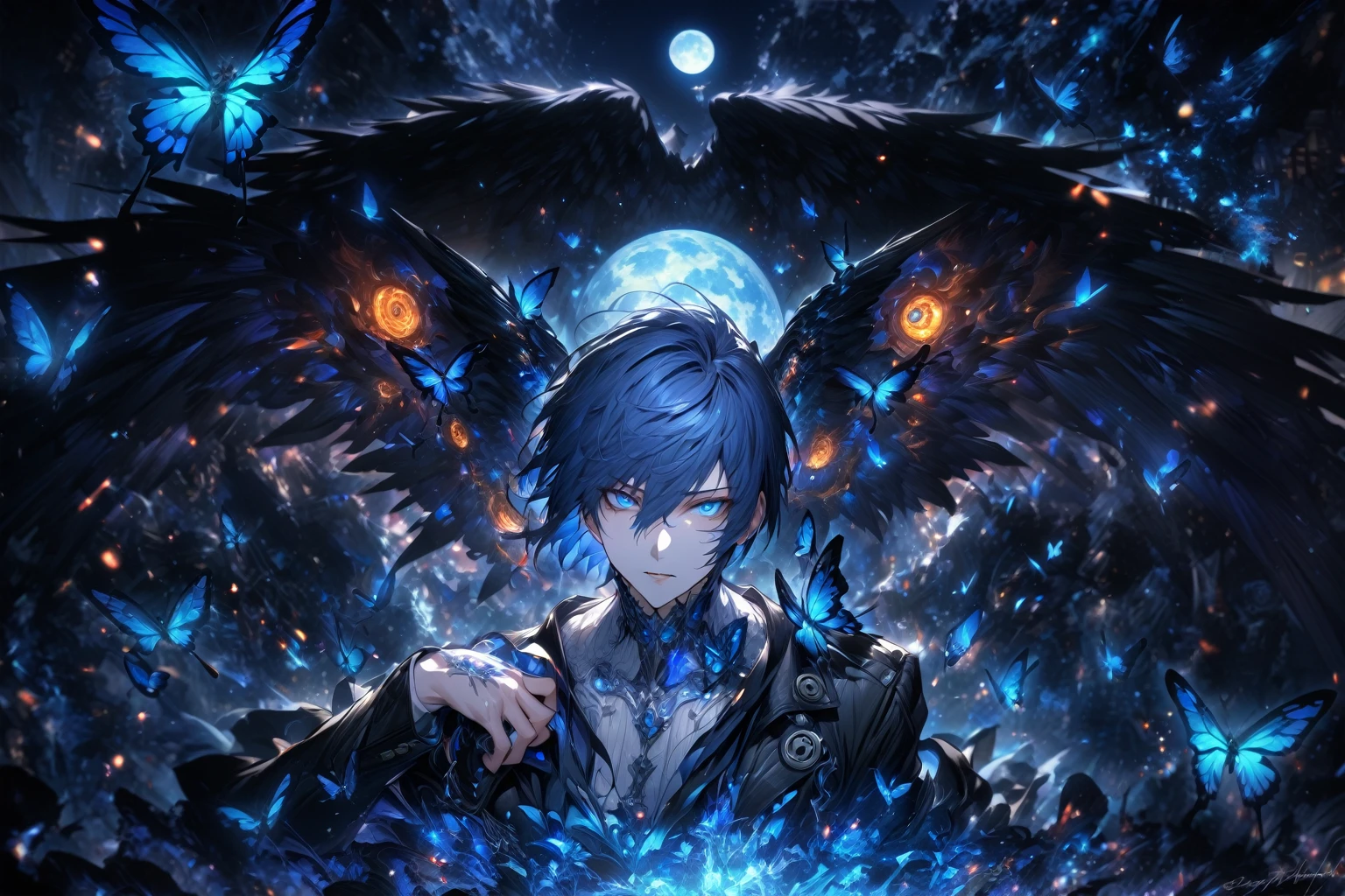 absurdres, highres, ultra detailed, HDR, masterpiece, detailed face, detailed eyes, Yuki Makoto, dark blue hair, expressive blue eyes, persona 3, solo, sexy man, handsome, mature man, adult face, white shirt, black jacket, blue moon, blue butterflies, magical, fantasy, glittering, blue dust, black angel wings