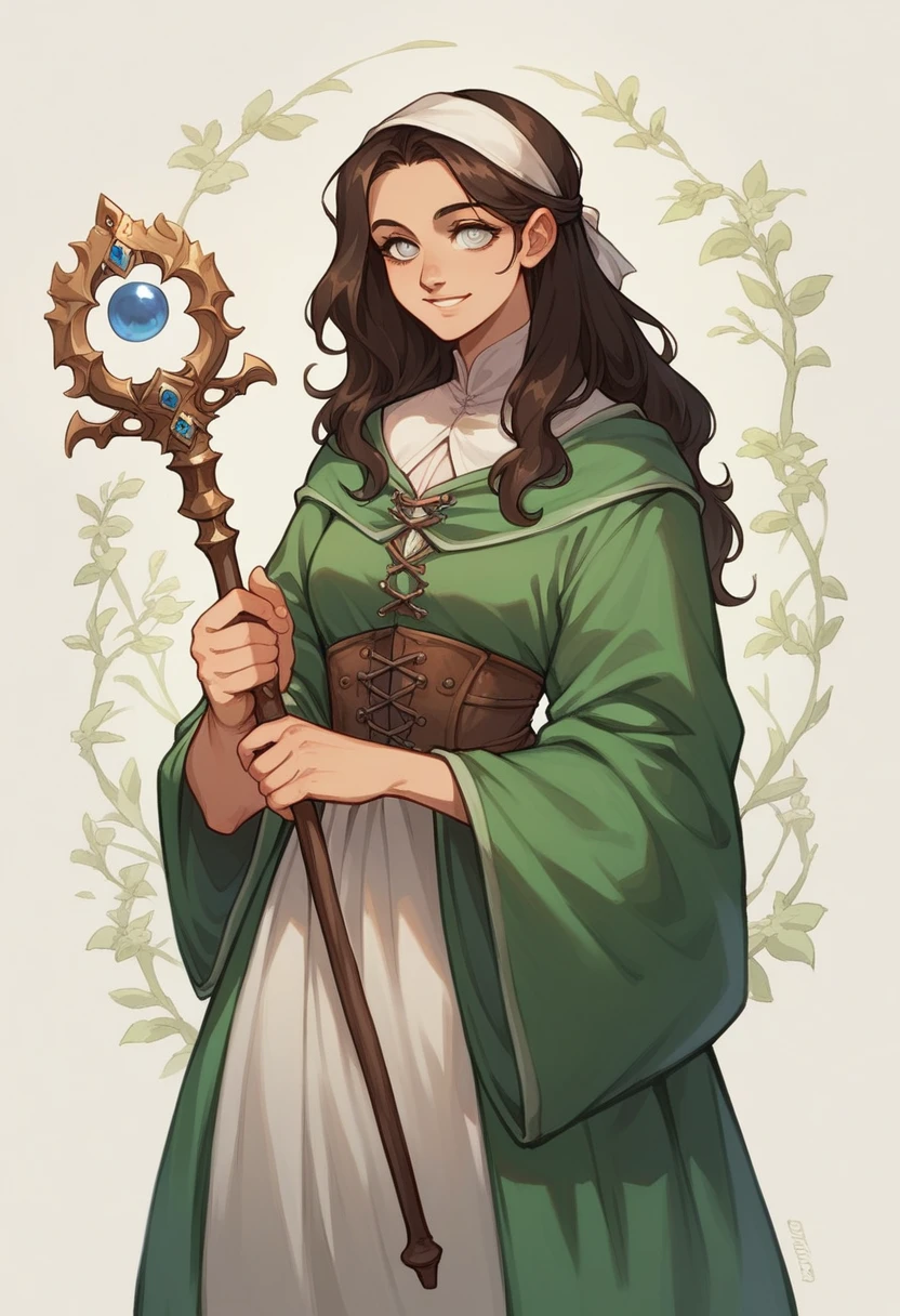 young woman, mage, age 19, dark brown hair, blind with white eyes, a blindfold,average build, smiling, holding a magical staff, wearing flowing robes, medieval fantasy, comics seinen stylessy