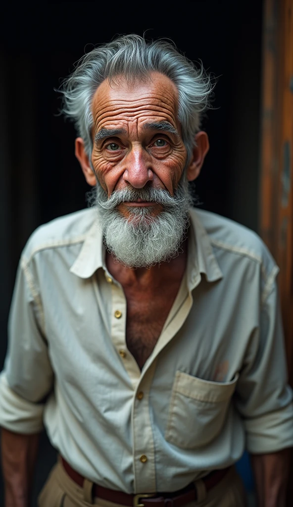 Incite Portrait of an elderly man with weather-worn features. Your skin is wrinkled with age spots, deep lines around the eyes and mouth. He has clear and expressive eyes that convey wisdom and life experiences.. He sports a well-groomed white beard and neatly combed gray hair.. Wear a white shirt and brown pants. He was leaving the house when it was still dark, he was always walking.