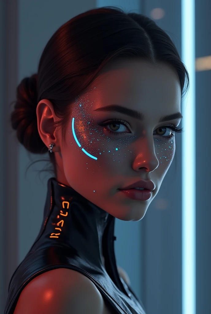 Create a logo for "Roya Glam," a modeling agency specializing in AI models. The design should prominently feature the company name and blend elements representing both human and AI models. Incorporate sleek, modern aesthetics that reflect sophistication and innovation. Consider using abstract or geometric shapes to symbolize the fusion of human beauty and advanced technology, with a color palette that exudes elegance and futuristic vibes. The logo should be a cohesive graphic representation, integrating the name and imagery to capture the essence of cutting-edge fashion and the seamless integration of AI in the modeling industry.