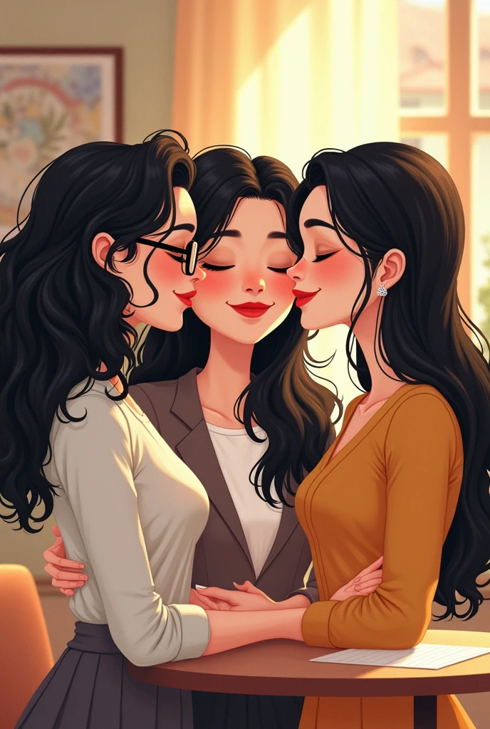Three women lawyers, one with long black curly hair and glasses, one with long black hair and the other with long black hair, White skin, make them animated and tender