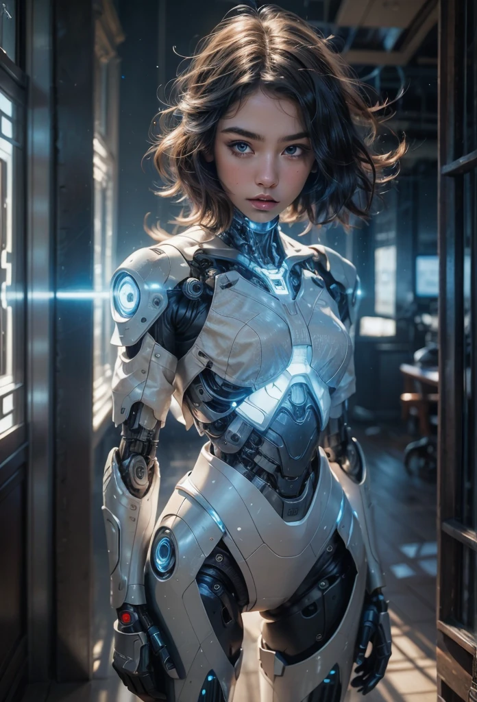 (Best quality, masterpiece, realistic expression photo), Young woman in robot suit posing next to ancient building: 1.1, Beautiful white cyborg girl, Glamourous body: 15, Beautiful cyborg girl, Perfect robot girl, Female robot, Beautiful cyborg image, Perfect body as if looking at the best work, 8K,