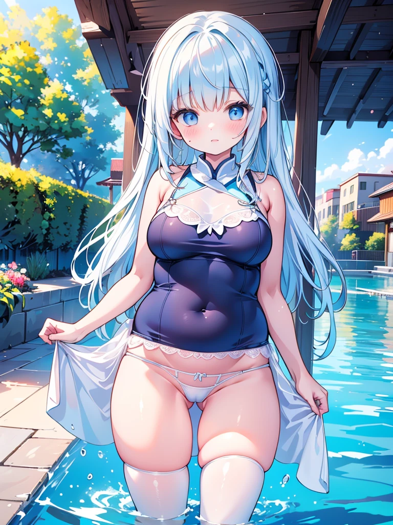 ((A plump and squishy lady:1.3)),((surprise！！:1.3)),(((Women's Lace Panties,((open crotch pantie)),transparent,Erotic lingerie,Big size,Open crotch underwear))),Highest quality、High resolution、Detailed Background、(Beautiful face in every detail:1.4)、A group of young girls, around 6 to , are in the middle of a swimming lesson at a Japanese elementary school. They are wearing matching blue school swimsuits, with white swim caps covering their hair. The pool is a standard outdoor school pool with clear blue water, surrounded by a low fence, and a view of the school's brick buildings in the background. The girls are lined up along the edge of the pool, some are about to dive in, while others are practicing their strokes in the water. Their expressions range from concentration to joy as they follow the instructor’s guidance. The atmosphere is lively yet focused, with sunlight reflecting off the water, creating a vibrant, summery feel.