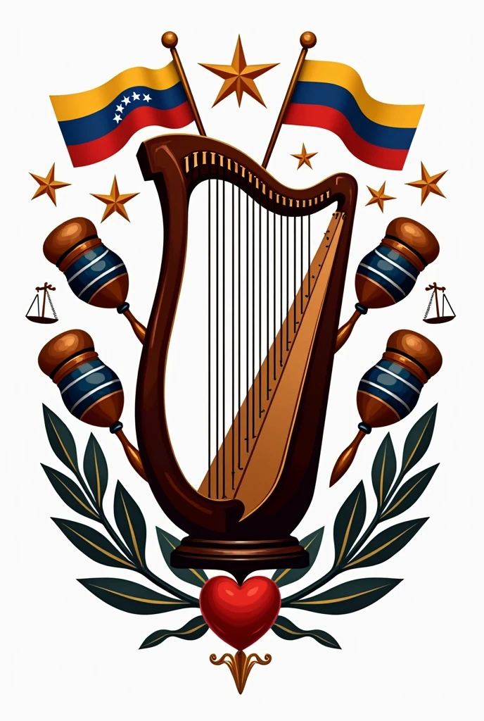 Create a logo for Venezuelan Folklore Lawyers with the flag on both sides, a harp, four , maracas, drum and scales 