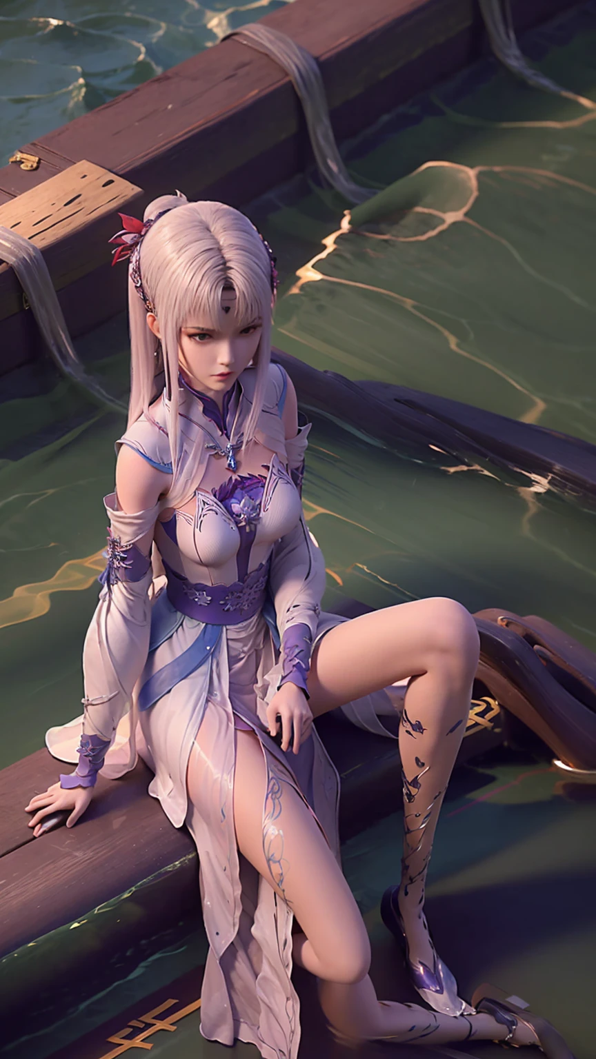 一个女孩Sit cross-legged on the water，M Cross-legged，Sit cross-legged on the water，Legs outward，Full body capture，Full body view，Water Magic，Hands on knees