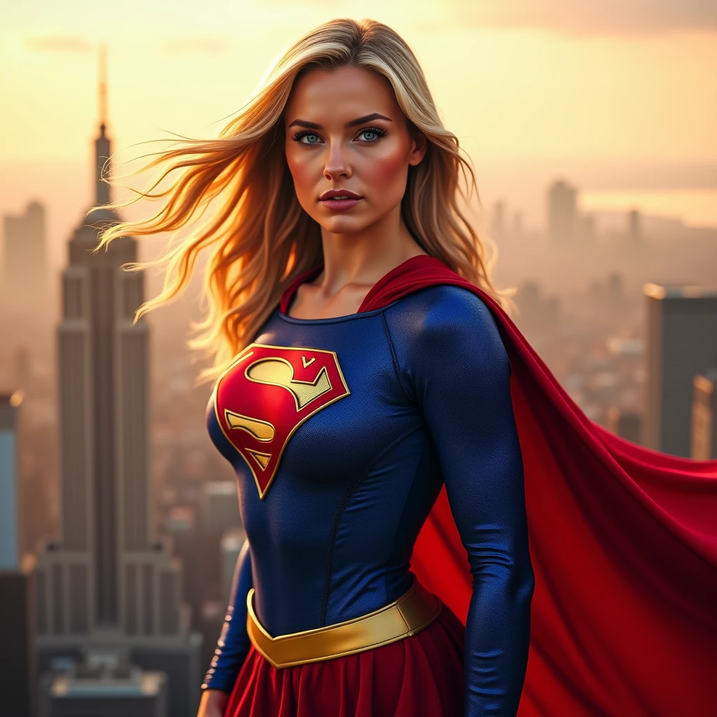 Create a highly detailed image of a female superhero inspired by Supergirl, standing confidently in a dynamic pose. She has flowing blonde hair and piercing blue eyes, wearing a blue and red costume with a stylized "S" emblem on her chest. Her cape billows dramatically in the wind as she hovers slightly above the ground, with a city skyline in the background. The scene is set during sunset, with golden rays of light casting a warm glow over the scene, highlighting the hero's strength and determination.