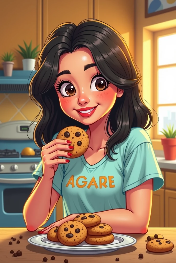 CARTOON OF A WOMAN EATING A QUINOA COOKIE WITH THE NAME CARLA MARTINEZ VISIBLE