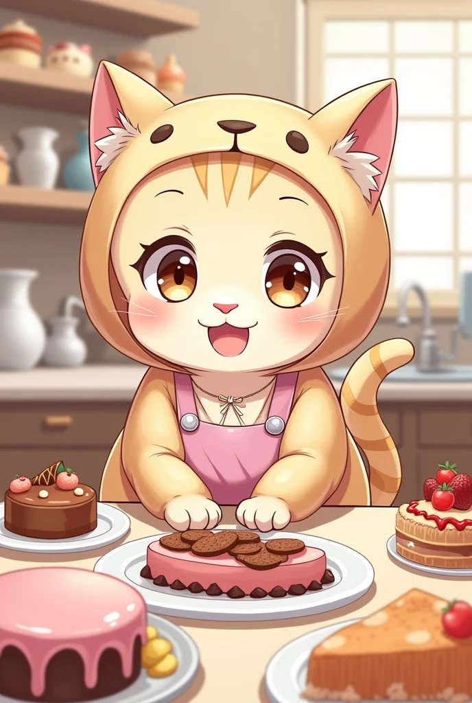 A picture of a cat in a cat suit making desserts or having desserts around, Let the image be anime style