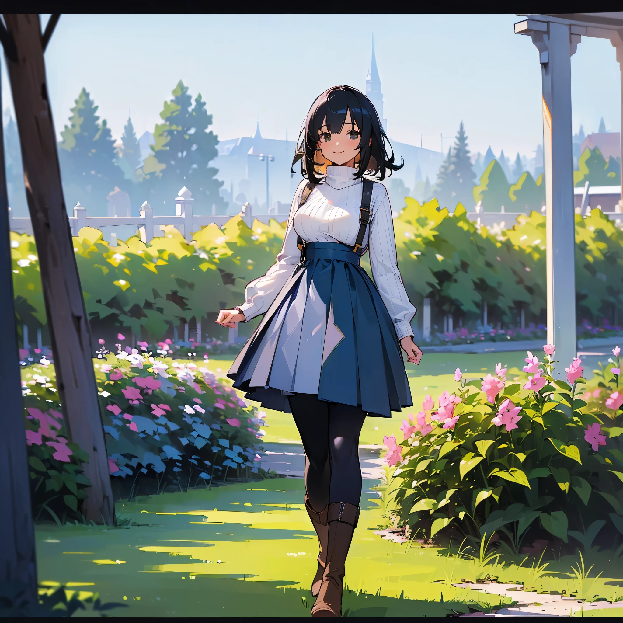 (high quality, High resolution, Very detailed, reality:1.37), Peaceful atmosphere, (Outdoor, garden), Teenage girl standing alone, (my breasts are big.), Beautiful details, Cute Smile, (Black bob hair), Ribbed sweater, Blue Skirt, Black tights, Brown boots.