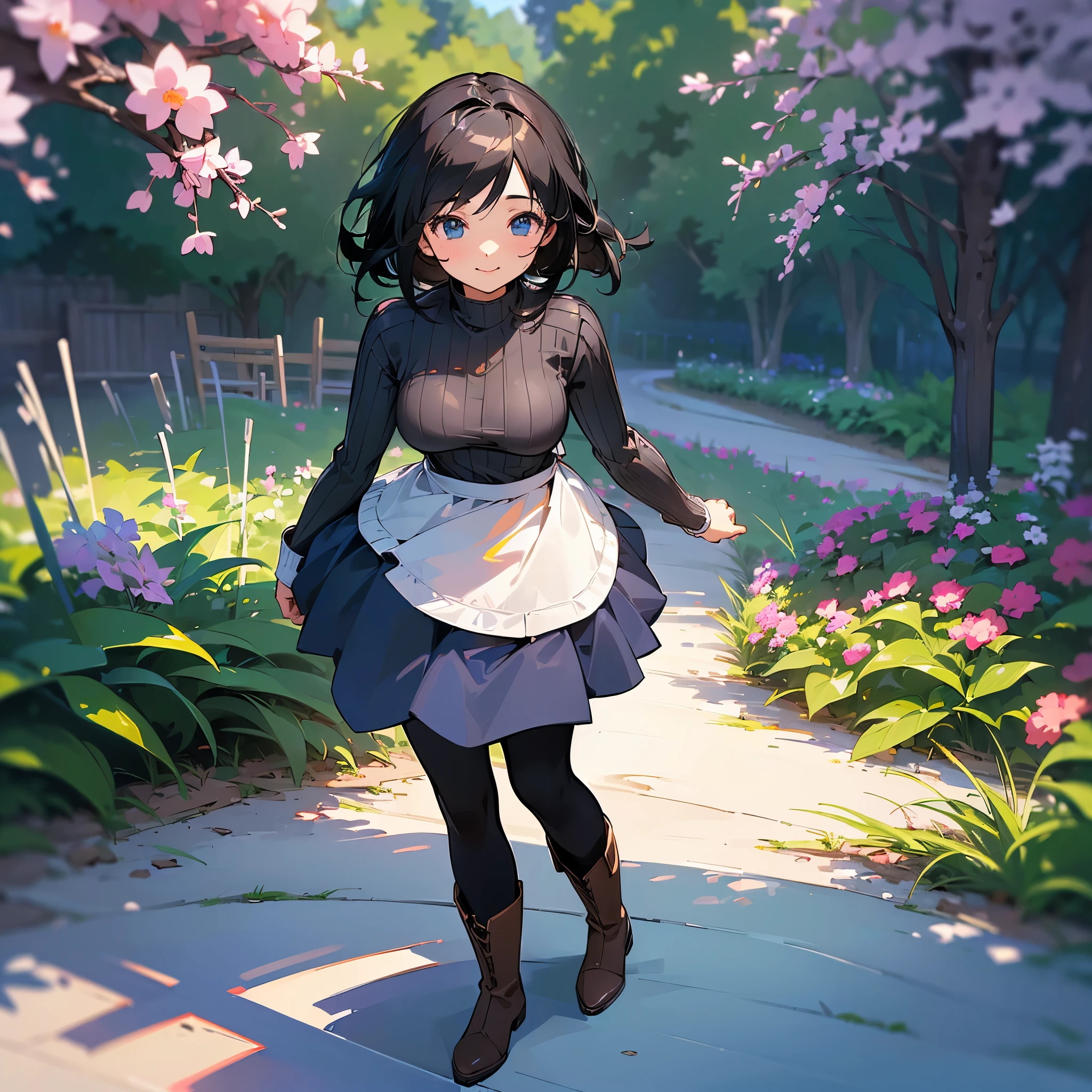 (high quality, High resolution, Very detailed, reality:1.37), Peaceful atmosphere, (Outdoor, garden), girl standing alone, (my breasts are big.), Beautiful details, Cute Smile, (Black bob hair), Ribbed sweater, Blue Skirt, Black tights, Brown boots.