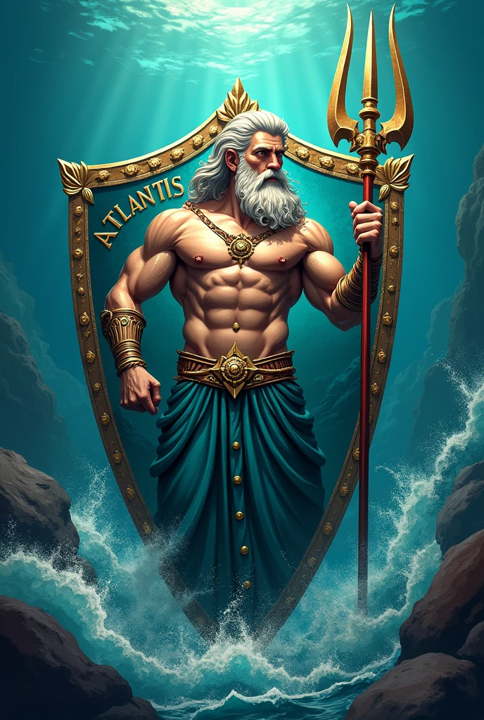 a team shield, with an image of poseidon with trident, a water background and the name "Atlantis" big fit ass