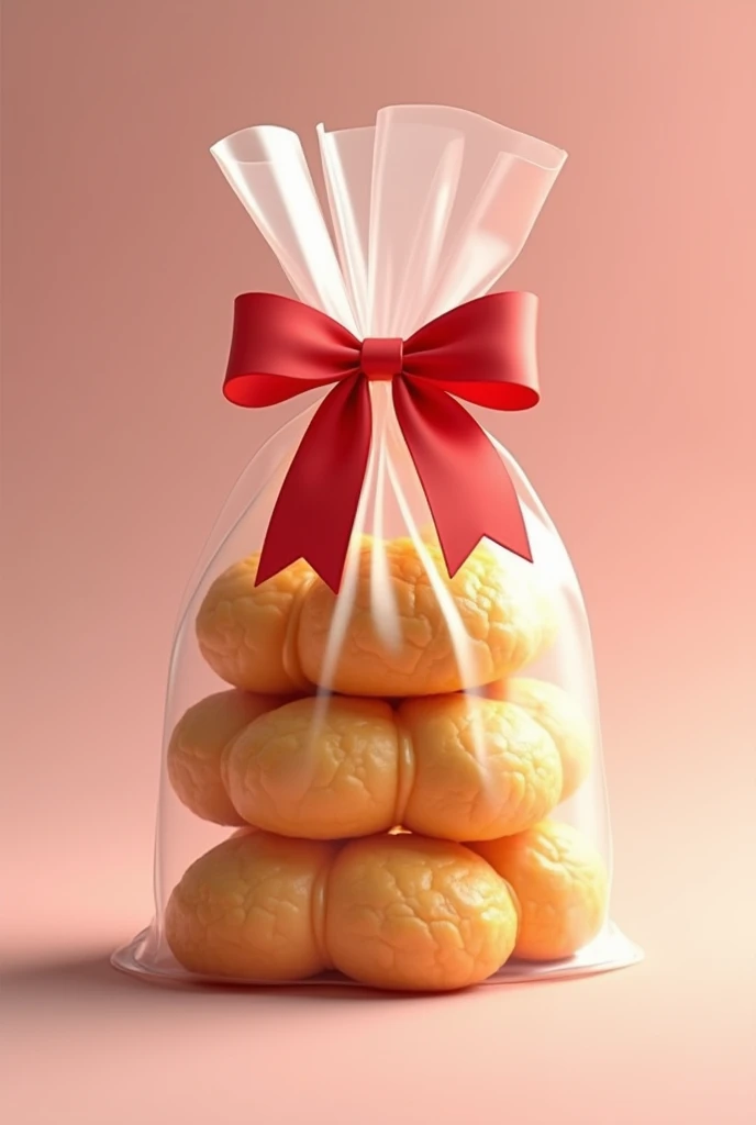 create an image with a transparent bag with a red bow on the end, Inside there will be 8 units of buttery sweet that will cover a guava paste, leaving the ends of the guava paste visible., It has a more elongated shape and the ends of the guava jam appear on the edges of the dough.