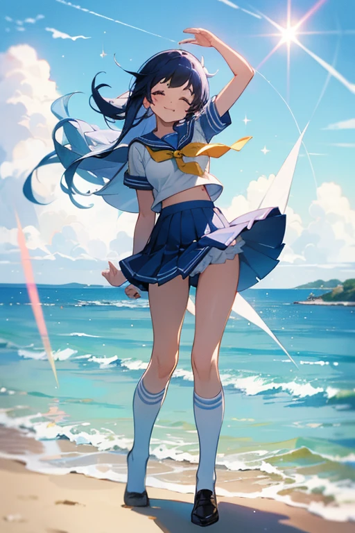 School, Sailor uniform, Breasts, Short skirt, Strong wind, Seaside, Blue sky, Sunshine, Sparkle, Contrail, Eyes closed, Smile, Cheerful, Facing backwards, Looking at camera, Knee socks