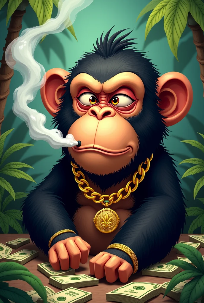 Create me an image of a monkey smoking marijuana with lots of bills and palms and gold chains And squinting eyes and that is called macaco Animated serious face and a big title that continues macaco Make another one that is worse and smokes out of its mouth