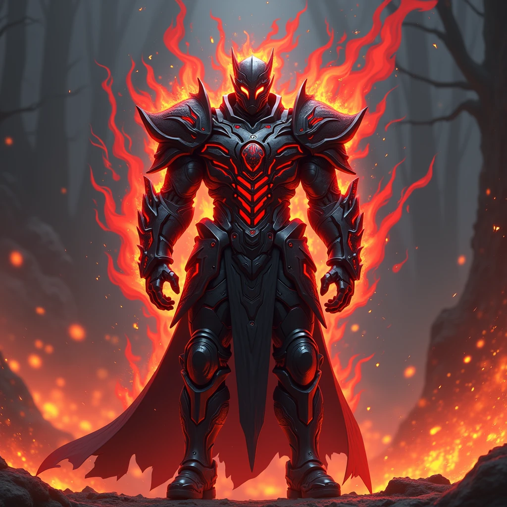 A heavily reinforced suit of battle armor designed to channel and enhance wielder's Hell Fire magic. The armor has built-in flame projectors and a heat shield, allowing him to unleash torrents of infernal fire while remaining protected from counterattacks. The armor glows with an ominous red light when fully activated, symbolizing his mastery over Hell Fire. Charcoal black with crimson flames etched across the surface. Super Detailed, Textured Skin, High Resolution, High Quality, Anime Style, Futurism, 3D Rendering,