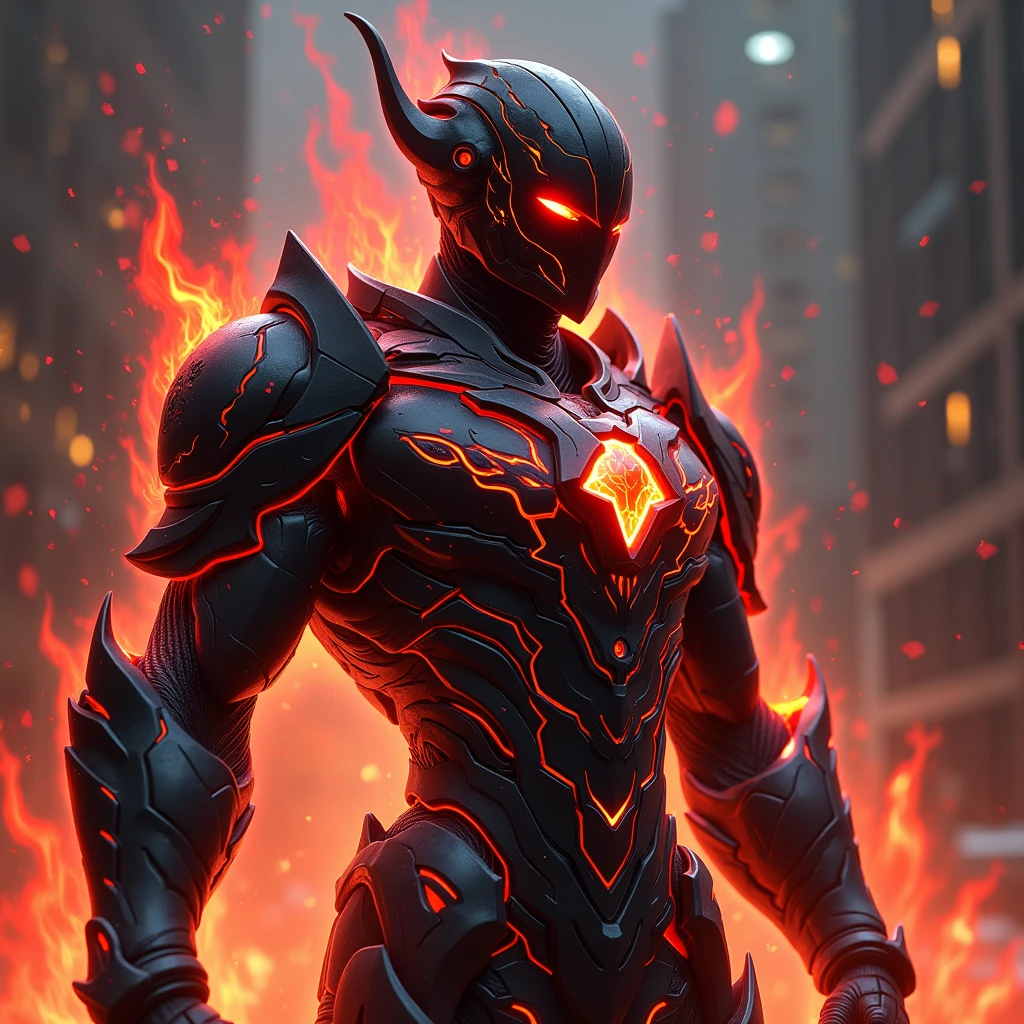 A heavily reinforced suit of battle armor designed to channel and enhance wielder's Hell Fire magic. The armor has built-in flame projectors and a heat shield, allowing him to unleash torrents of infernal fire while remaining protected from counterattacks. The armor glows with an ominous red light when fully activated, symbolizing his mastery over Hell Fire. Charcoal black with crimson flames etched across the surface. Super Detailed, Textured Skin, High Resolution, High Quality, Anime Style, Futurism, 3D Rendering,