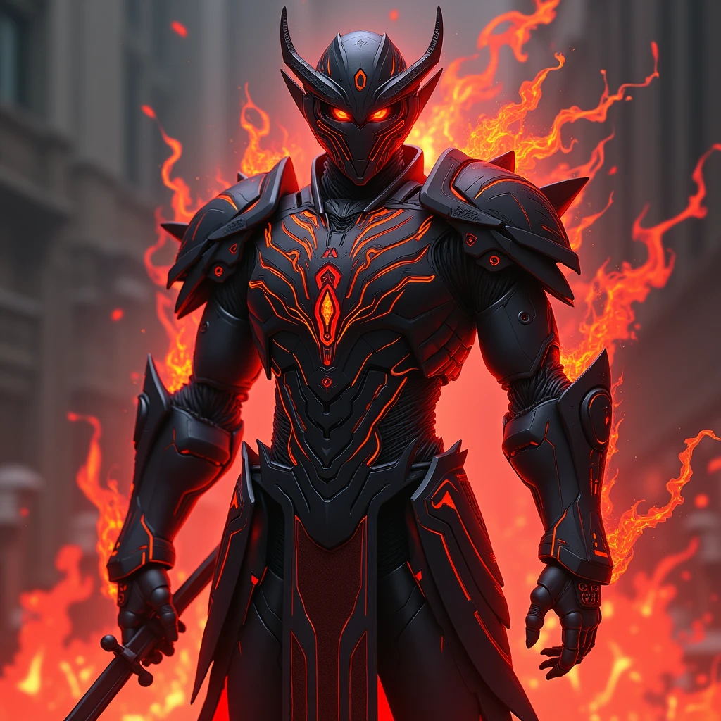 A heavily reinforced suit of battle armor designed to channel and enhance wielder's Hell Fire magic. The armor has built-in flame projectors and a heat shield, allowing him to unleash torrents of infernal fire while remaining protected from counterattacks. The armor glows with an ominous red light when fully activated, symbolizing his mastery over Hell Fire. Charcoal black with crimson flames etched across the surface. Super Detailed, Textured Skin, High Resolution, High Quality, Anime Style, Futurism, 3D Rendering,