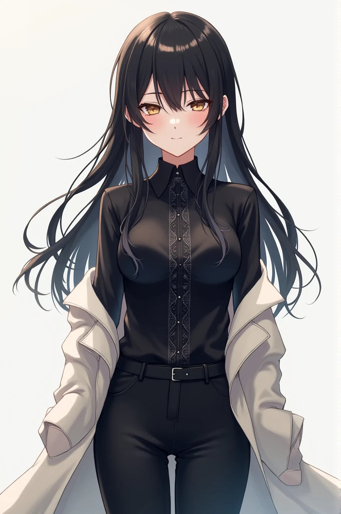 An anime girl with closed eyes with black hair wearing a black shirt with details with black waisted pants and a short white coat on her arms