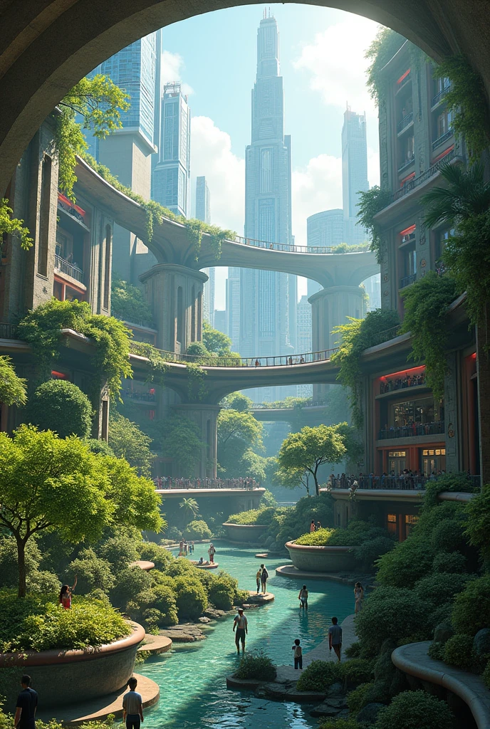 a circular cityscape with towering skyscrapers and buildings surrounding a lush, verdant oasis filled with natural foliage, parks, and people going about their daily lives, vibrant colors, cinematic lighting, highly detailed, photorealistic, 8k, best quality