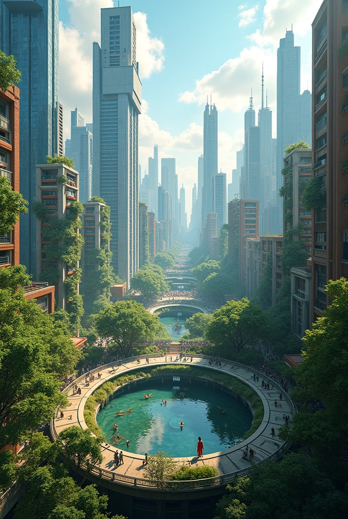 a circular cityscape with towering skyscrapers and buildings surrounding a lush, verdant oasis filled with natural foliage, parks, and people going about their daily lives, vibrant colors, cinematic lighting, highly detailed, photorealistic, 8k, best quality