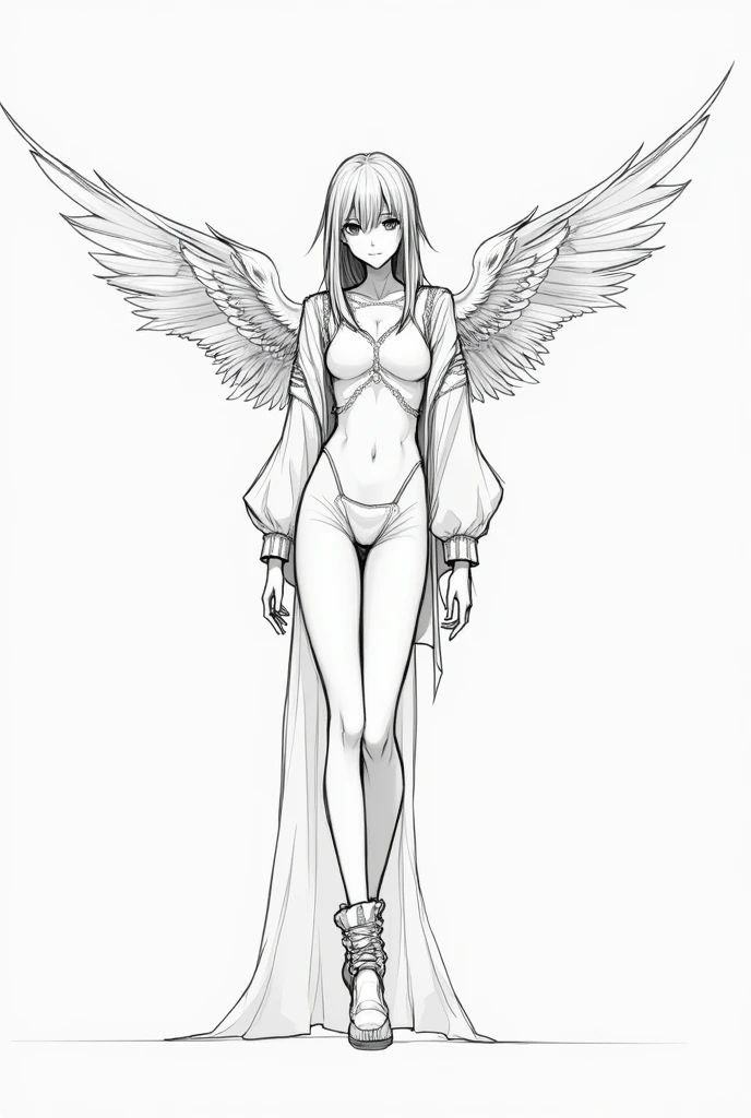 Lineart image of a girl sitting in the middle of a blank background Wearing high socks long white hair, white skin, white clothes, white shoes, white background line art.No colors thick thighs thick facing forward Apply facing down prespective a hot stinging
