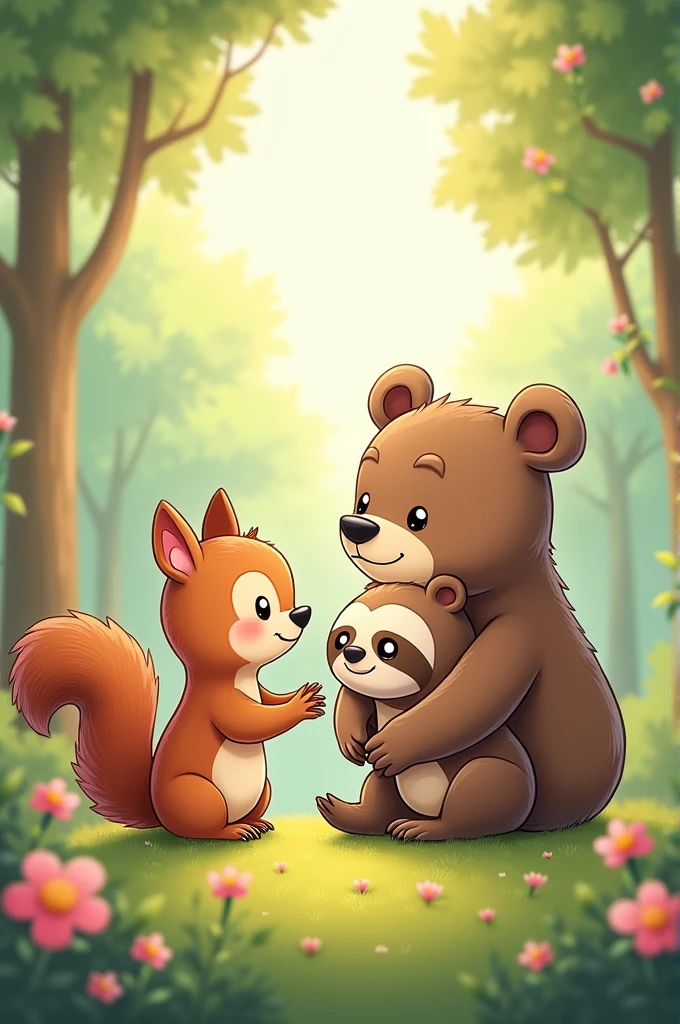 a cute drawing of a squirrel with a sloth and a bear